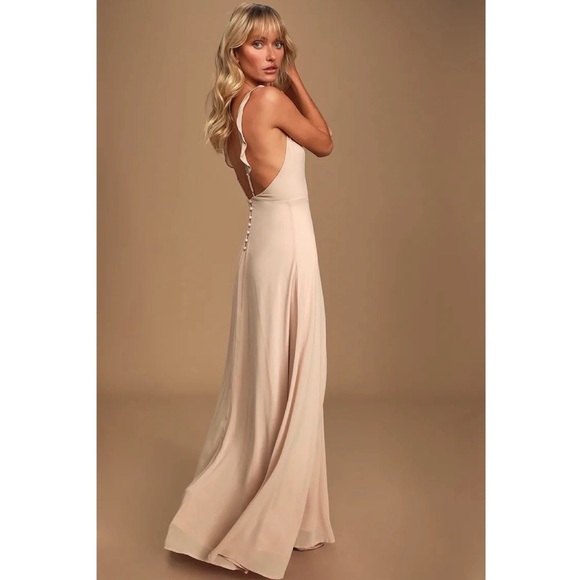 NWT Lulu’s Meteoric Rise Blush Maxi Dress Spaghetti Strap Ruffle Pink Plunging S - Picture 3 of 17